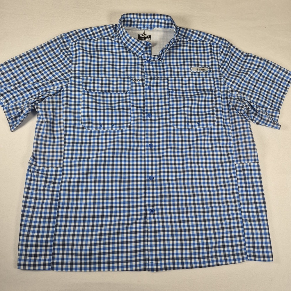 Habit Fishing Shirt Men's 2XL Blue Black Plaid Short Sleeve Button‎ Down Vented